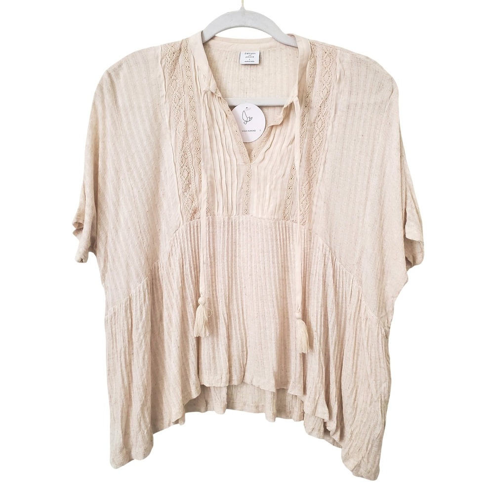 NWT Patrons of Peace Womens Tassels Lace Trim VNeck Top Size S Bohemian Babydoll